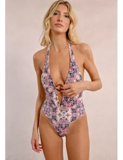 Bañador con estampado hebilla y espalda descubierta