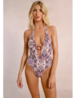 Bañador con estampado hebilla y espalda descubierta