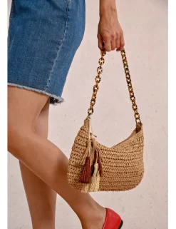 Bandolera de rafia trenzada con abalorios y cadena
