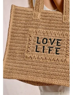 Bolso de rafia trenzada estampado texto