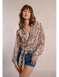 Camisa de manga larga con estampado y lazada