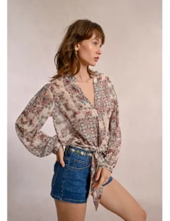 Camisa de manga larga con estampado y lazada