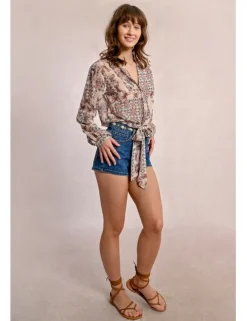 Camisa de manga larga con estampado y lazada