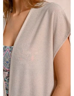 Chaqueta larga en tejido brillante con flecos