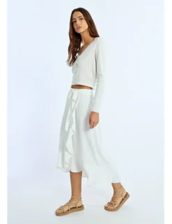Falda midi asimétrica con volante y lazada