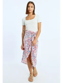 Falda midi asimétrica estampado multicolor