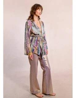 Kimono de manga larga con lazada y estampado