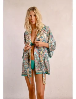 Kimono de manga larga con lazada y estampado