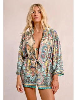 Kimono de manga larga con lazada y estampado