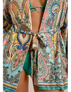 Kimono de manga larga con lazada y estampado