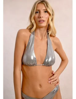 Top de bikini triángulo en tejido metalizado