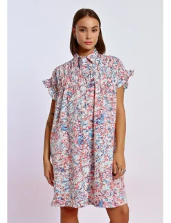 Vestido corto camisero con estampado y pliegues