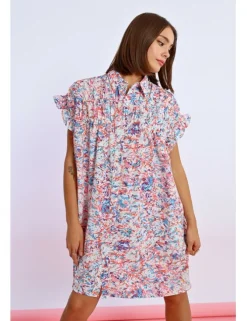 Vestido corto camisero con estampado y pliegues
