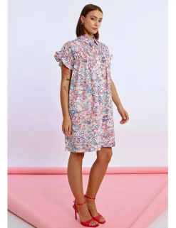 Vestido corto camisero con estampado y pliegues