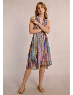 Vestido corto con escote halter asimétrico con estampado