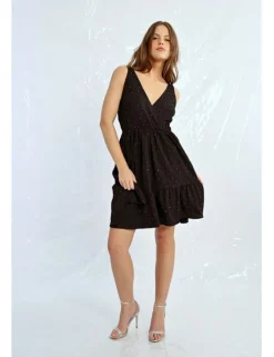 Vestido corto cruzado sin manga con volantes