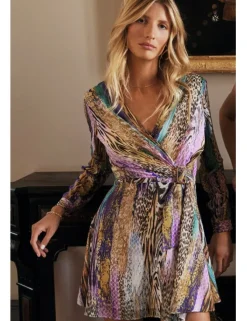 Vestido corto de manga larga con estampado y lazada