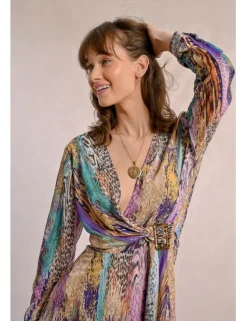 Vestido corto de manga larga con estampado y lazada