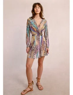 Vestido corto de manga larga con estampado y lazada