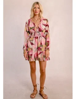 Vestido corto de manga larga con estampado y volantes