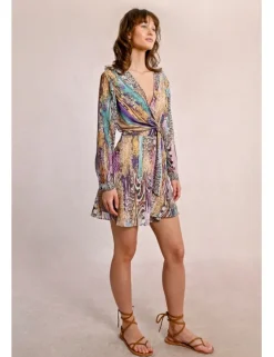 Vestido corto de manga larga con estampado y lazada