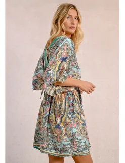 Vestido de manga corta amplia con estampado y lazada