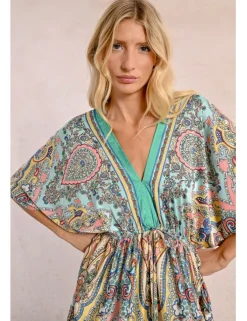 Vestido de manga corta amplia con estampado y lazada