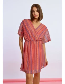 Vestido de manga corta de rayas multicolor