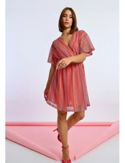 Vestido de manga corta de rayas multicolor