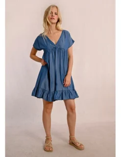 Vestido de manga corta efecto vaquero con volantes