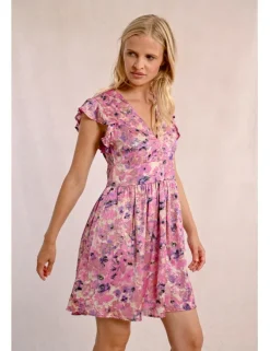 Vestido de manga corta mariposa estampado y pliegues