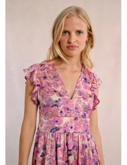 Vestido de manga corta mariposa estampado y pliegues