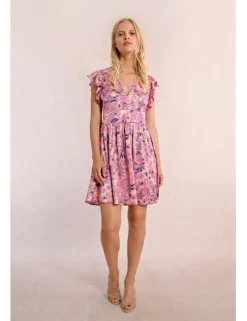 Vestido de manga corta mariposa estampado y pliegues