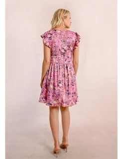 Vestido de manga corta mariposa estampado y pliegues