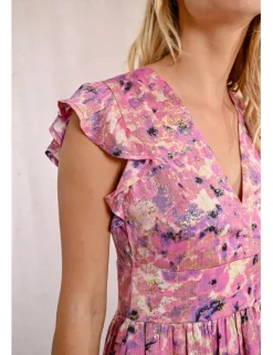 Vestido de manga corta mariposa estampado y pliegues