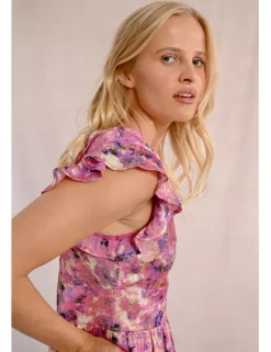 Vestido de manga corta mariposa estampado y pliegues