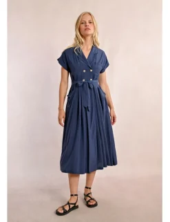 Vestido largo con cuello solapa y lazada