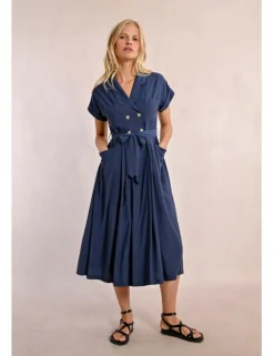 Vestido largo con cuello solapa y lazada