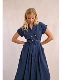 Vestido largo con cuello solapa y lazada