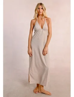 Vestido largo con escote de pico en tejido brillante