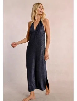 Vestido largo con escote de pico en tejido brillante