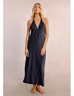 Vestido largo con escote de pico en tejido brillante