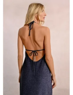 Vestido largo con escote de pico en tejido brillante