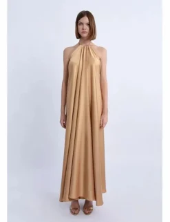 Vestido largo con escote halter en tejido satinado