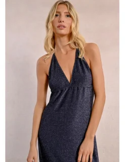 Vestido largo con escote de pico en tejido brillante