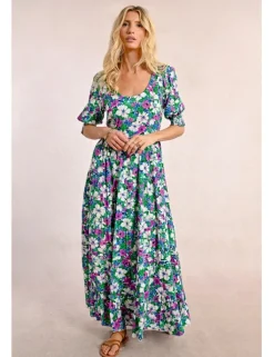 Vestido largo con estampado y pliegues