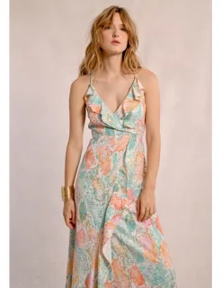 Vestido largo con estampado y volantes
