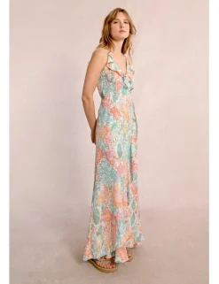 Vestido largo con estampado y volantes