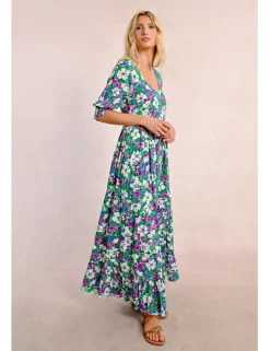 Vestido largo con estampado y pliegues