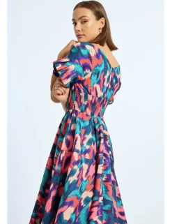 Vestido largo con pliegues y estampado multicolor